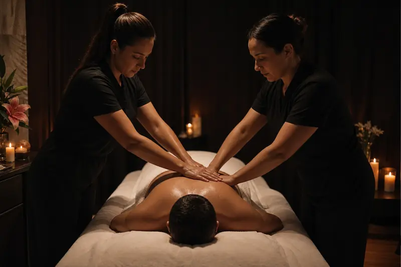 Two therapists giving a synchronized four hands massage