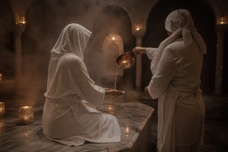 Guest in a steamy Turkish hammam with warm water poured over the hands