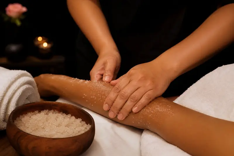 Gentle salt scrub applied to the forearm