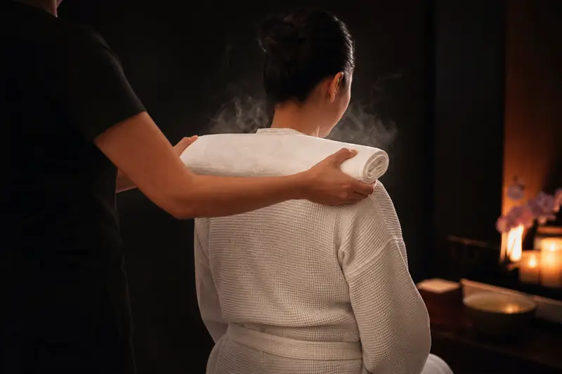 Warm towel applied to the shoulders in the Aura Signature massage
