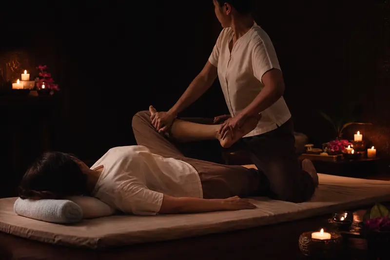 Guest receiving a Thai massage with assisted stretching